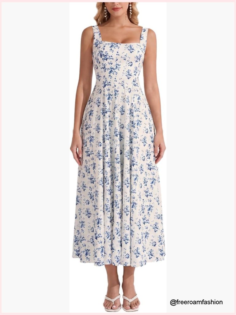 Floral Lace Up Corset Midi Dress Square Neck A Line Flow Wedding Guest